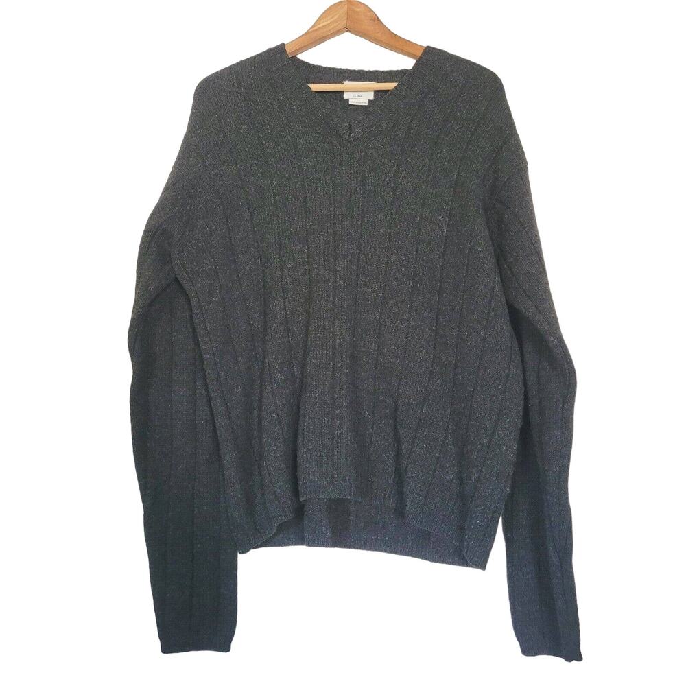 J. Crew Lambswool Vneck Sweater Mens L Charcoal Gray Chunky Knit Preppy Minima